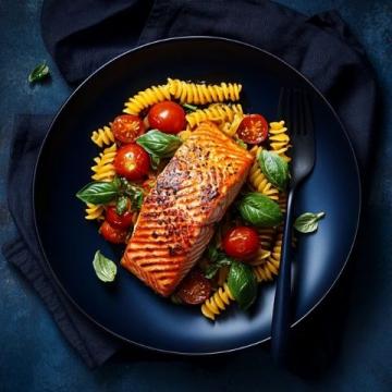 陽光下的四道美味佳肴:香煎三文魚、蒜香橄欖油意面、烤蔬菜沙拉與芒果椰奶布丁的制作分享