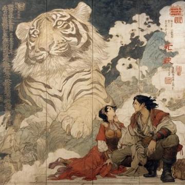 清朝姚墅鄉(xiāng)民在山上突遇老虎,虎一個劍步撲倒了他,利爪抓傷臉頰血流不止