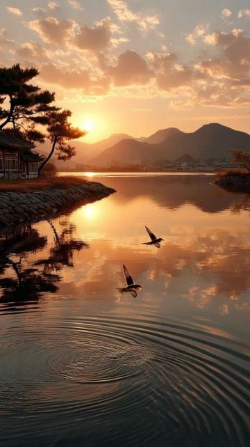 松滋縣有個小鎮(zhèn)邊緣臨大湖，大片水面映照著夕陽。