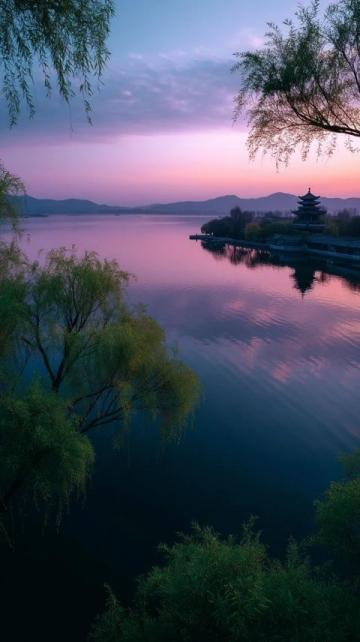 松滋縣有個小鎮(zhèn)邊緣臨大湖，大片水面映照著夕陽。