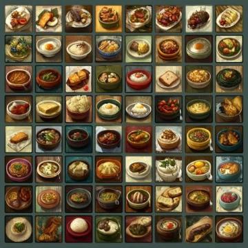 幫我生成一張圖片以下是各種美食的做法分類及示例,涵蓋中餐、西餐、甜點等不同類別