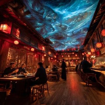 夜幕低垂，龍祥美食街漸漸披上了它獨(dú)有的璀璨外衣,霓虹燈交織成一幅幅絢麗的畫卷
