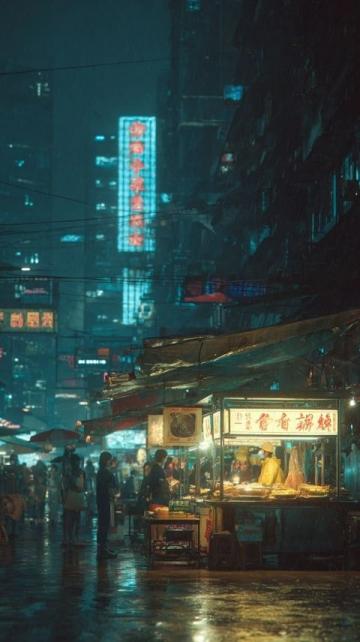 夜幕低垂，龍祥美食街漸漸披上了它獨(dú)有的璀璨外衣,霓虹燈交織成一幅幅絢麗的畫卷